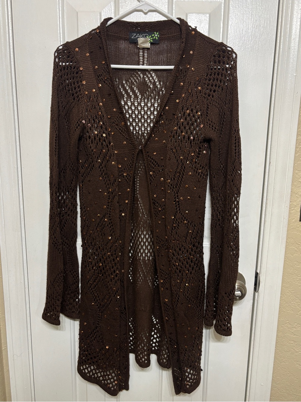 ZAKO USA Brown Open-Knit Sequin Cardigan Sweater Long Sleeve Size S